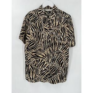 Vintage Kathy Che Blouse Womens 12 Large Black Beige Animal Print Zebra Button